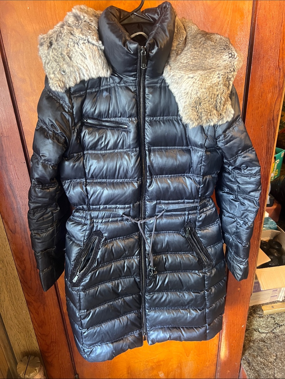 Dawn Levy Black Down Puffer Coat with Detachable Fur Trim Hood - Size Small